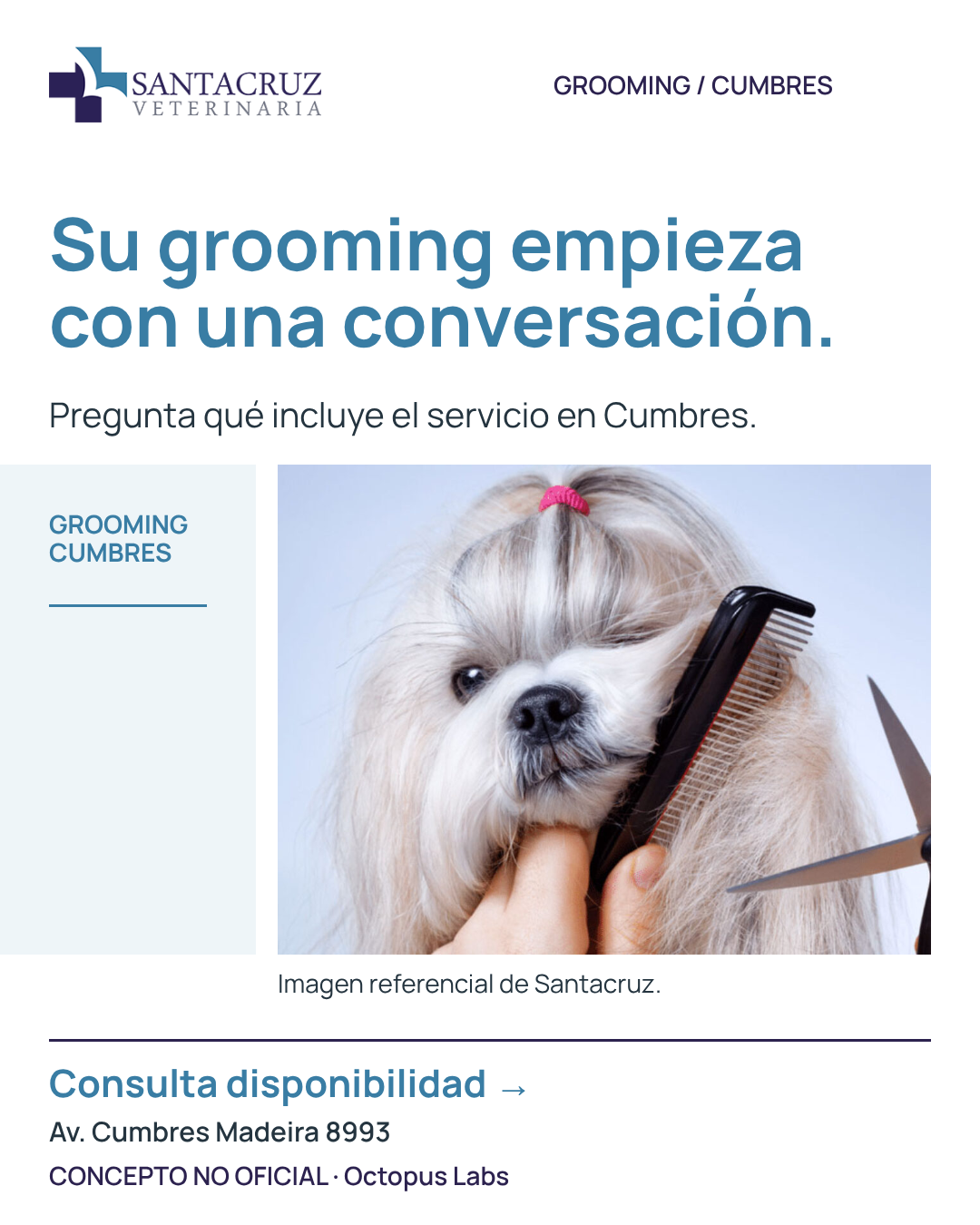 Concepto no oficial de Santacruz: Su grooming empieza con una conversación. Fotografía publicada por el negocio y composición propia de muestra. Imagen publicada por Santacruz; no acredita la sede fotografiada.